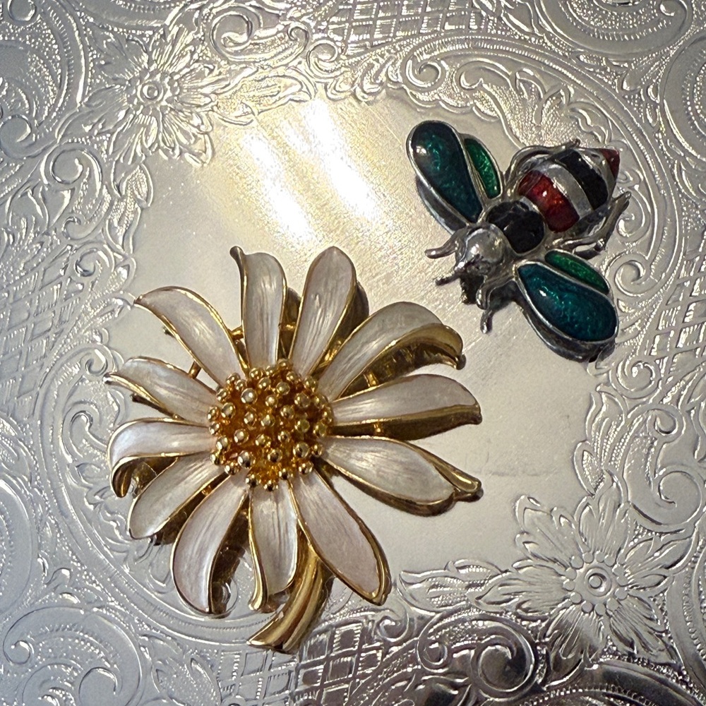 Fun Floral and Bee Brooch Set, gold tone and multi color